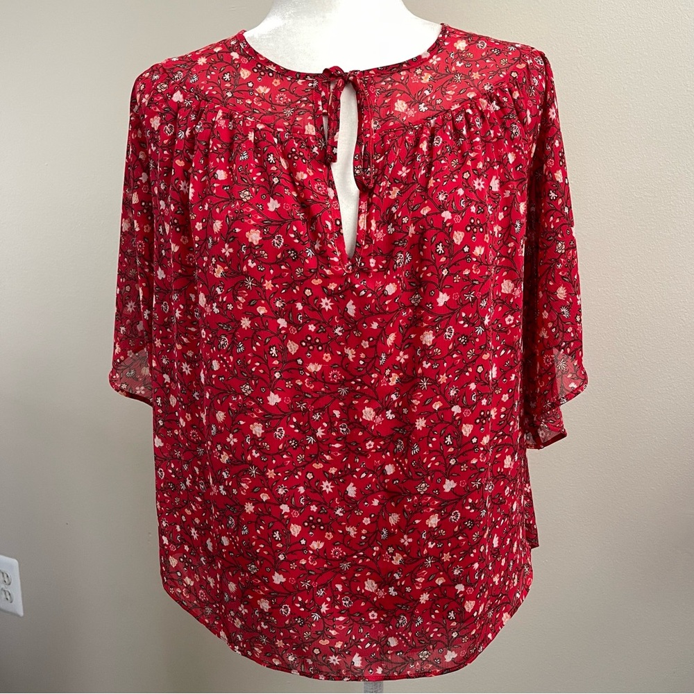 Ann Taylor Factory Red Floral Flutter Sleeve Blouse - small